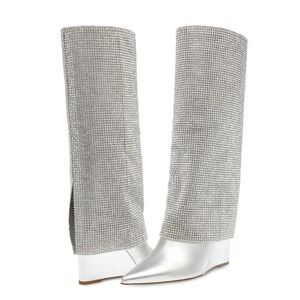Steve Madden Metallic Silver All Rhinestone Wedge Boots Pointed Toe Knee High 6M